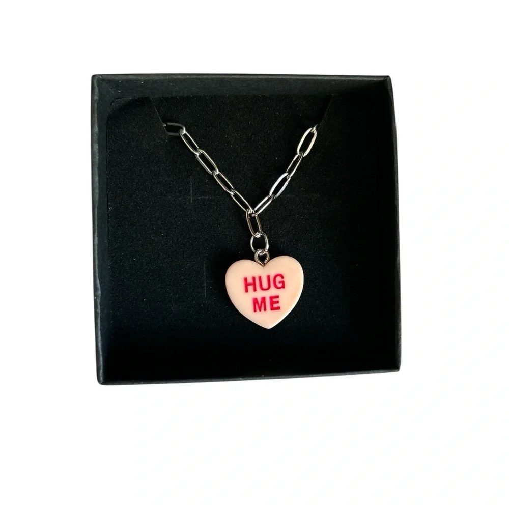 Conversation Hearts Hug Me Charm Necklace Dainty Minimal Silver Chain Valentine